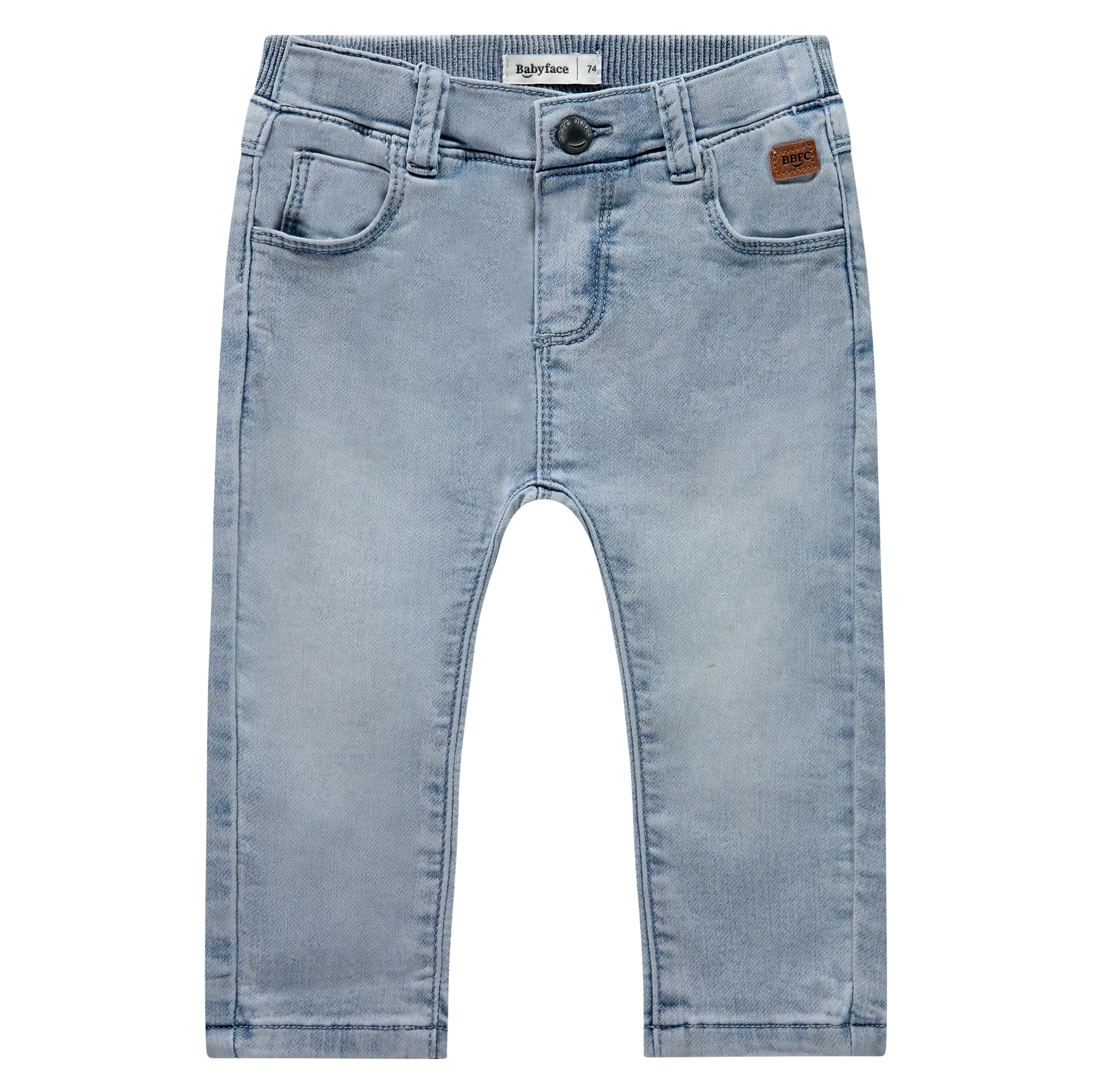 Light blue denim baby boys' jogger pants with a front view, featuring multiple pockets and an elastic waistband.