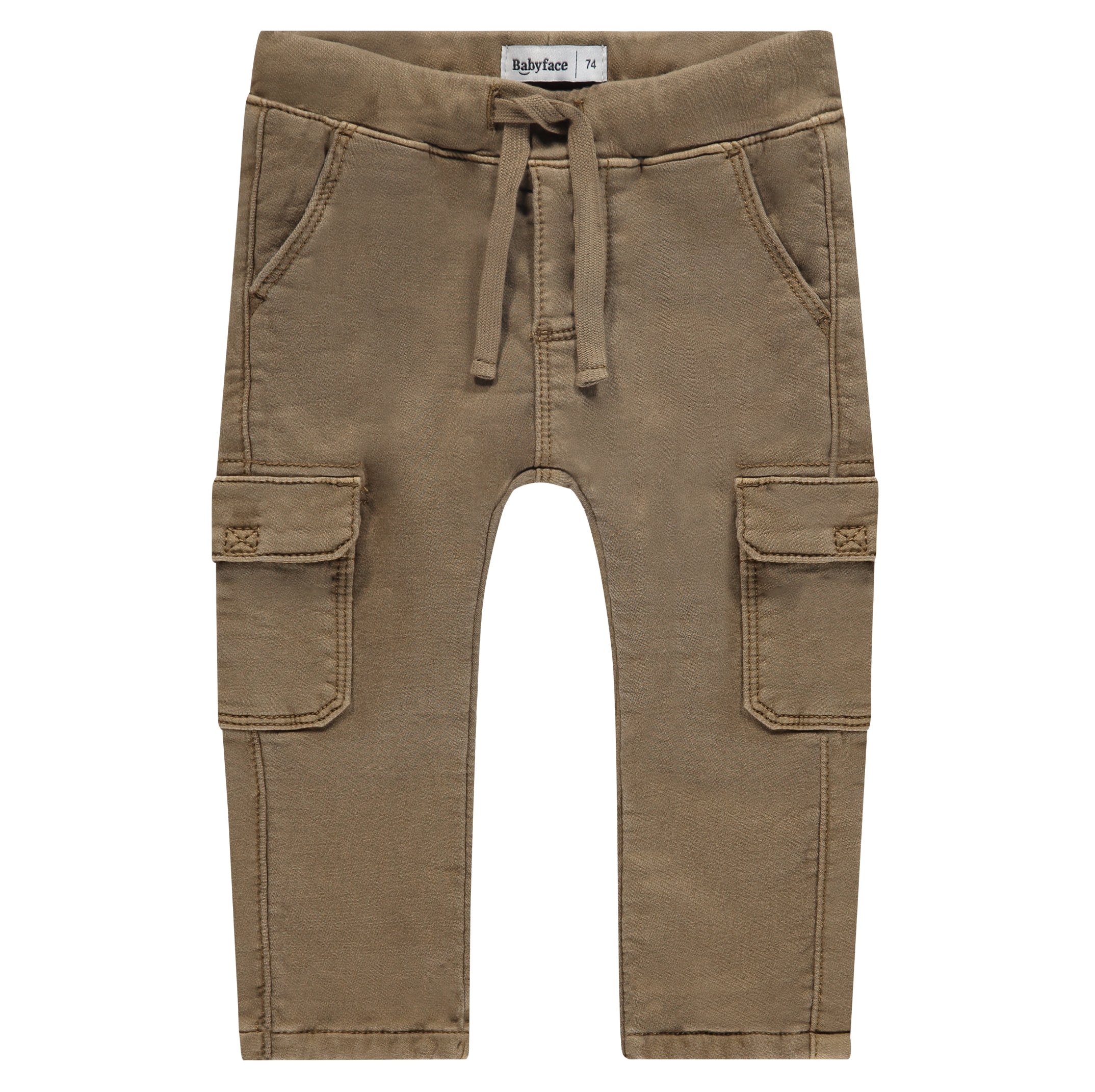 A pair of baby boys' worker pants in a latte color, made from cotton and elastane, with pockets and a drawstring waist.