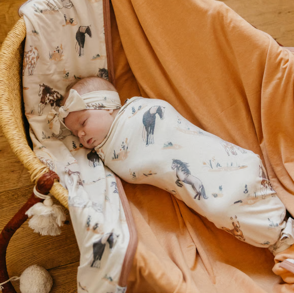 baby girl in bassinet sleeping with horse print swaddle