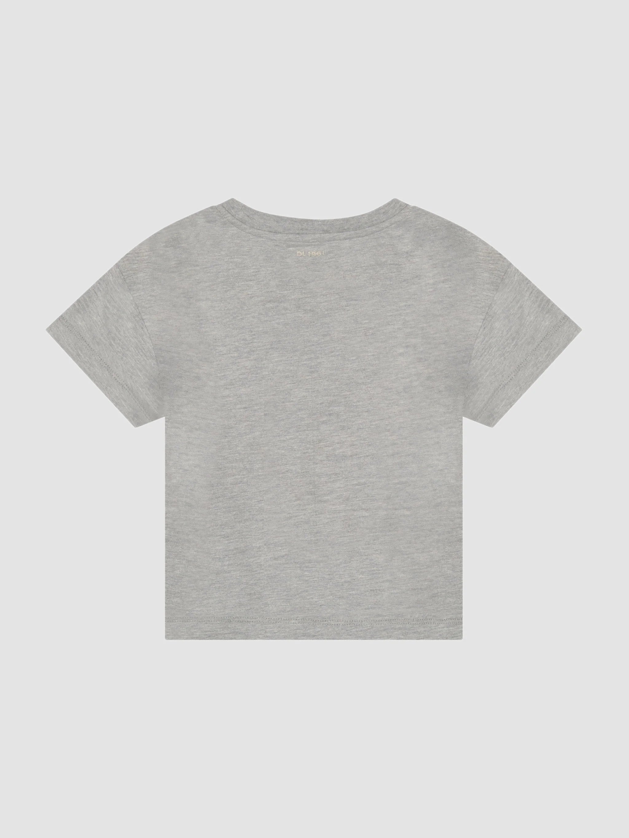 back of DL light grey t-shirt