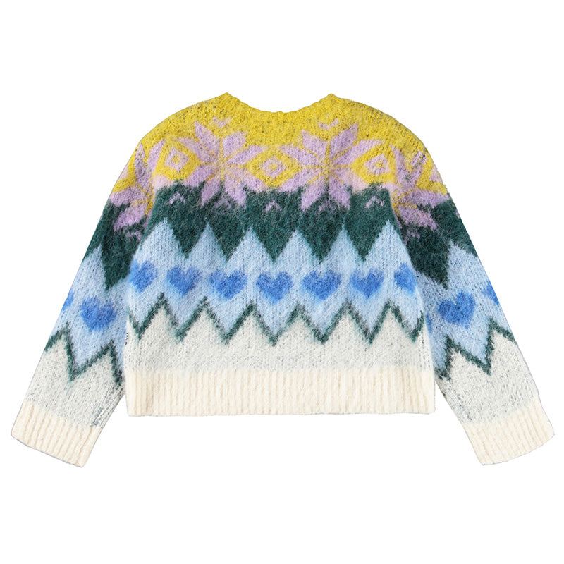 back of colorful abstract knit sweater