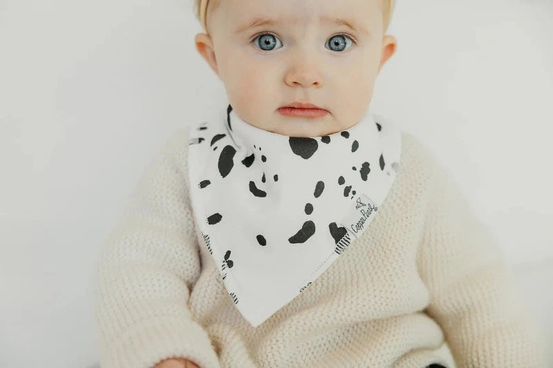baby wearing dalmatian print bandana bib