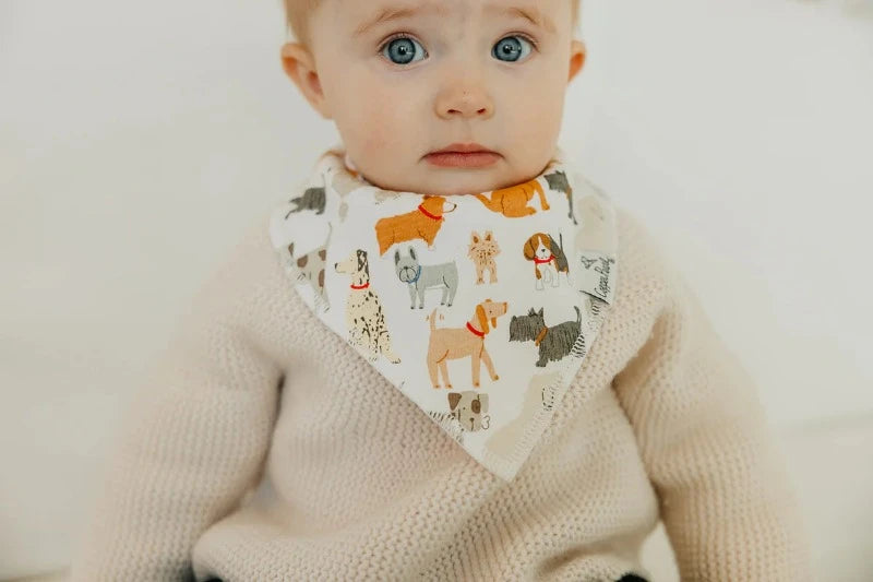 baby wearing bandana bib with a print of various dogs