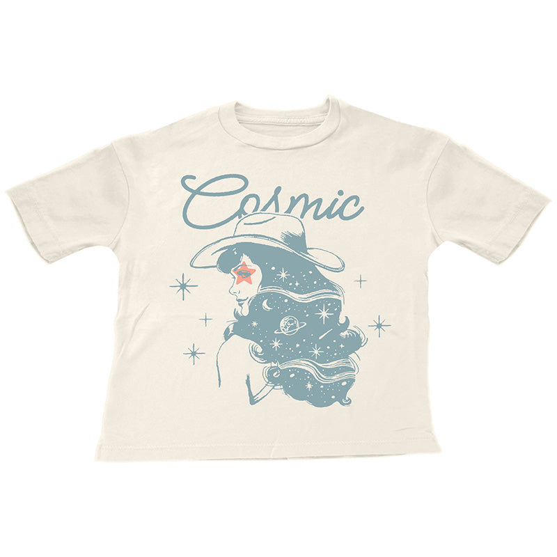 Beige t-shirt with a graphic of a cowgirl and 'Cosmic' text on a white background