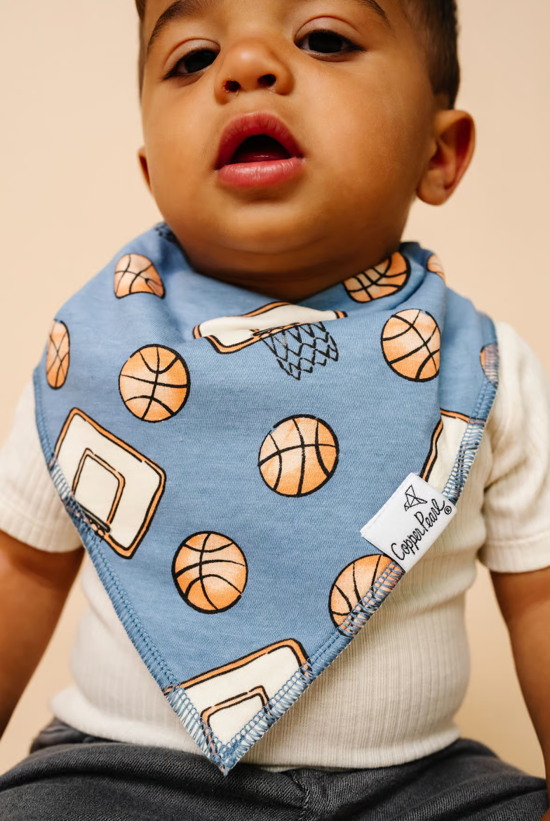 blue bandana bib with basketballs and basketball hoops