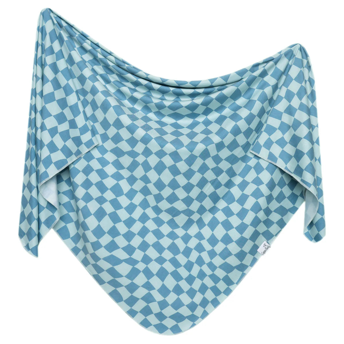 A blue checkered knit swaddle blanket.