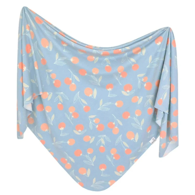blue swaddle blanket with clementine print