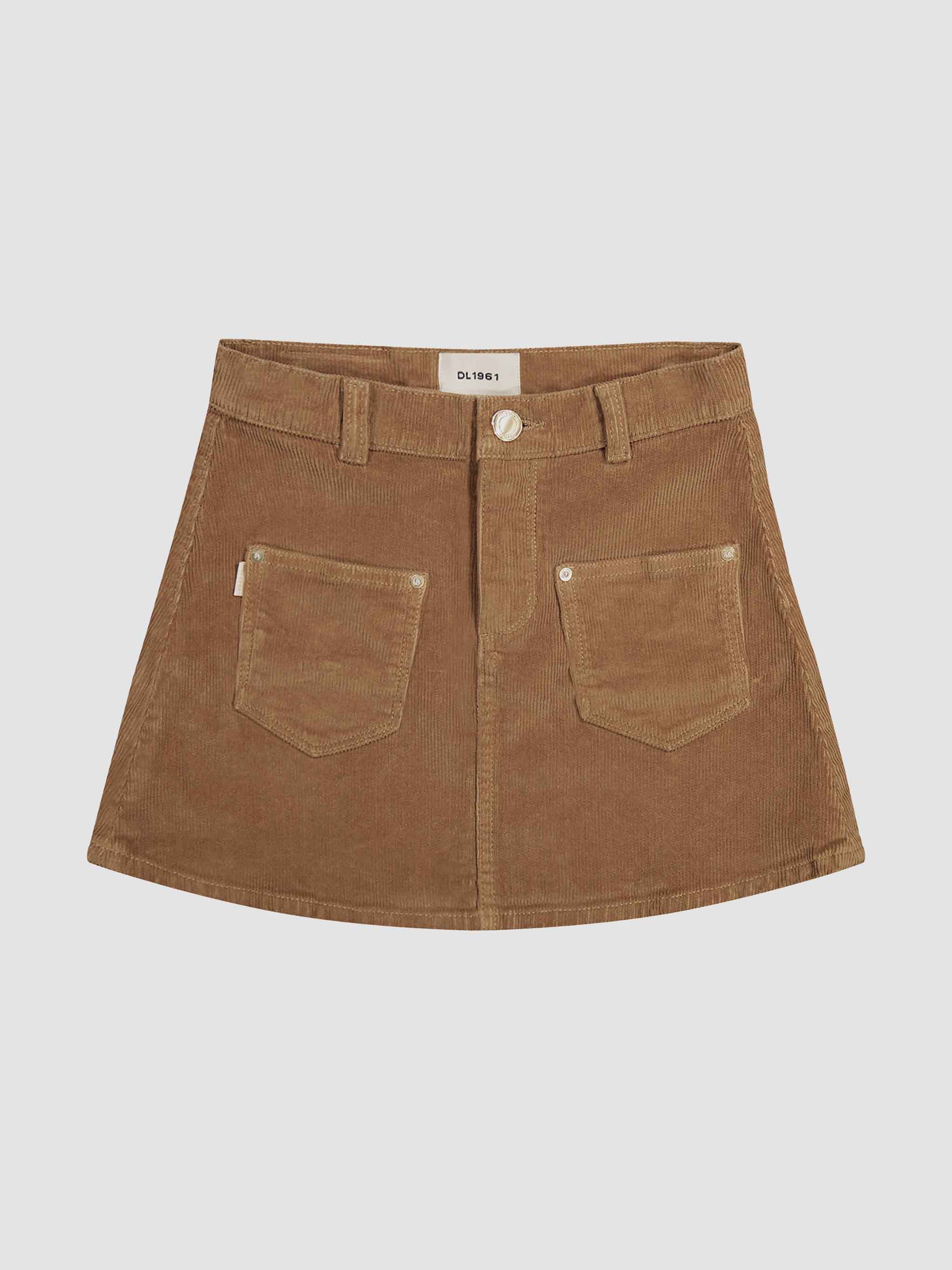 Brown skirt with two front pockets on a light gray background