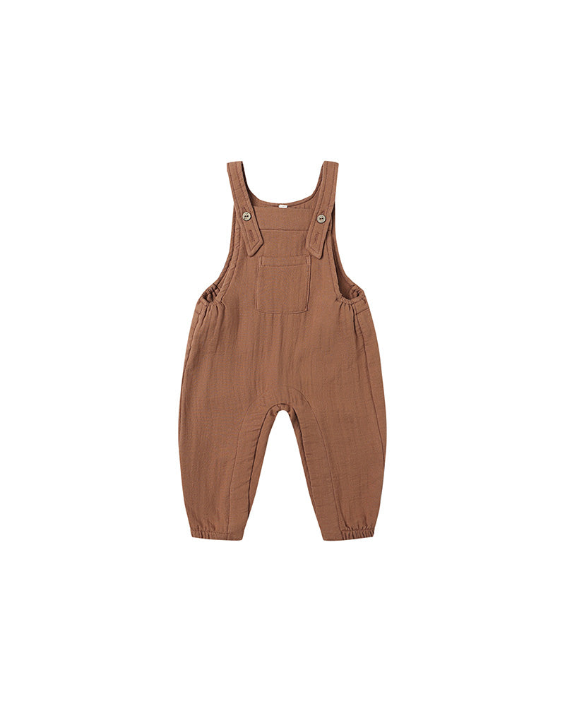 brown linen overalls with snap buttons