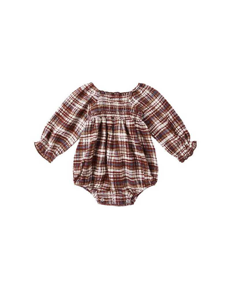 burgundy plaid baby romper with long sleeves on a white background