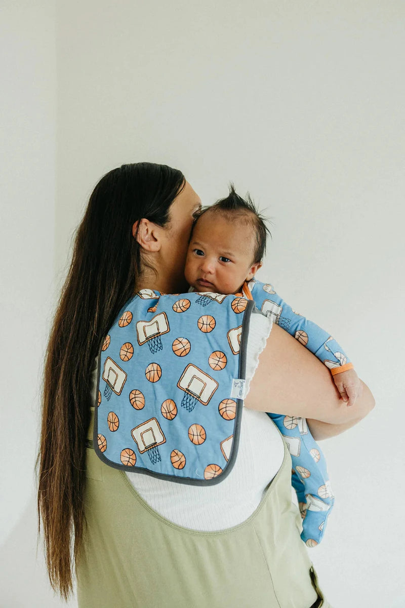 burp cloth with basketballs and basketball hoops