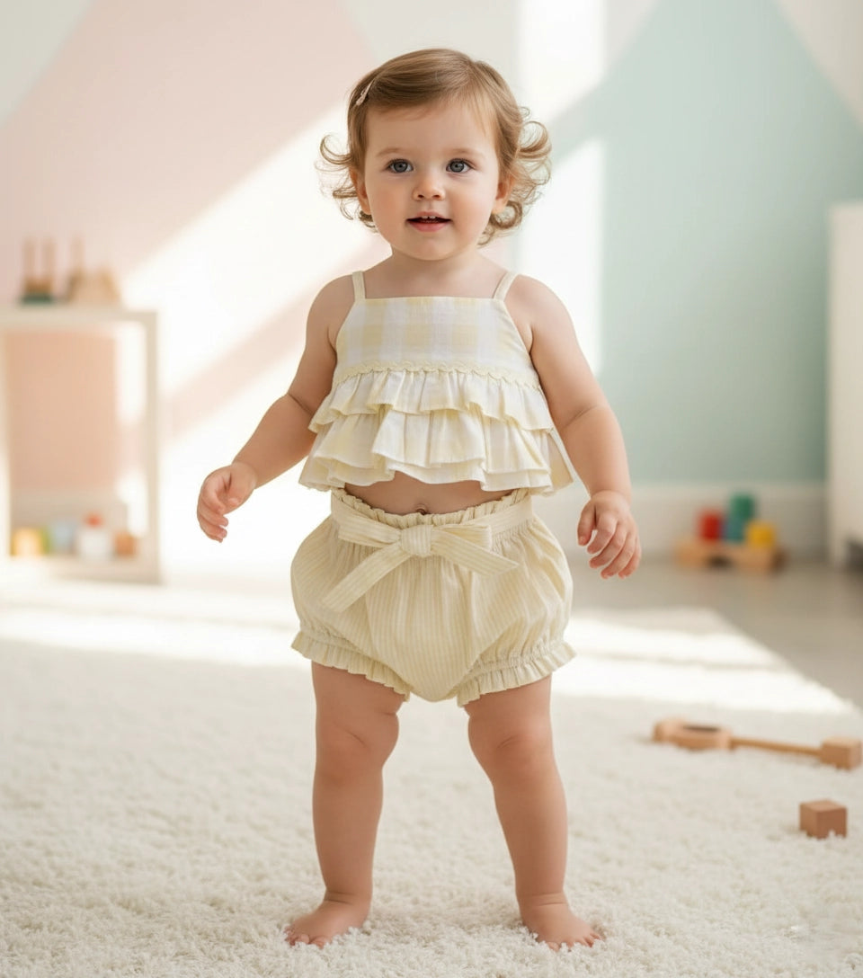 Baby in a yellow plaid and striped outfit