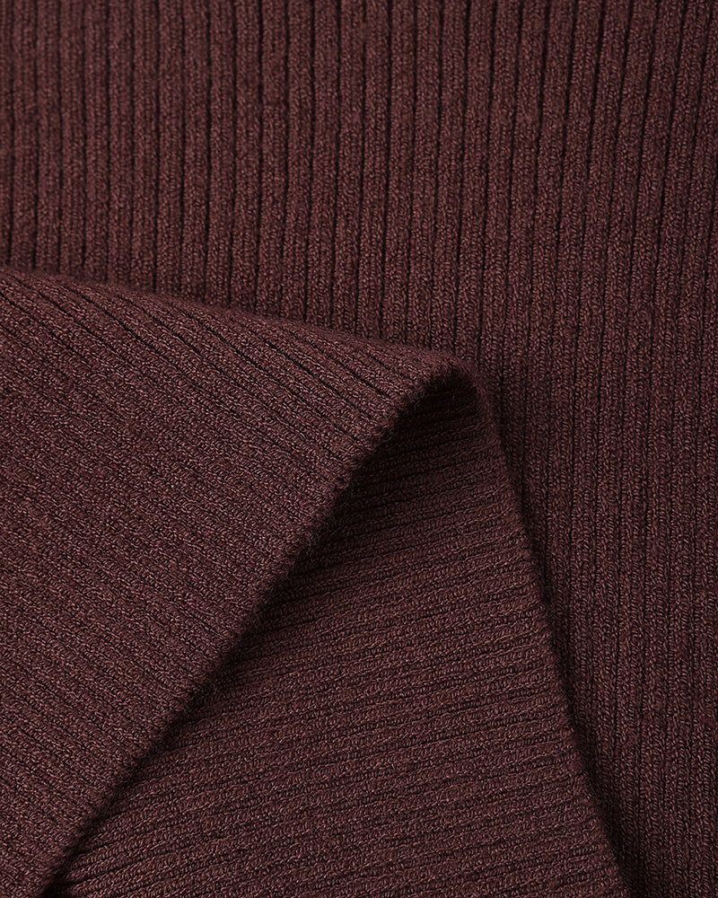close up of burgundy ribbed t-shirt