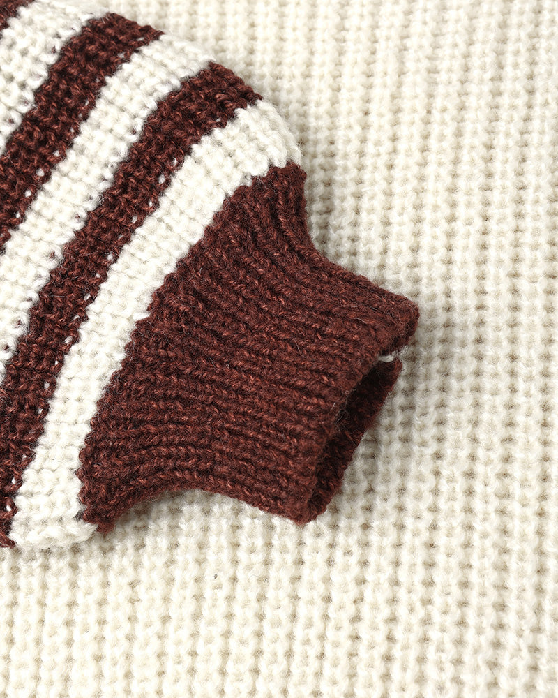 cream knit sweater with burgundy striped sleeve