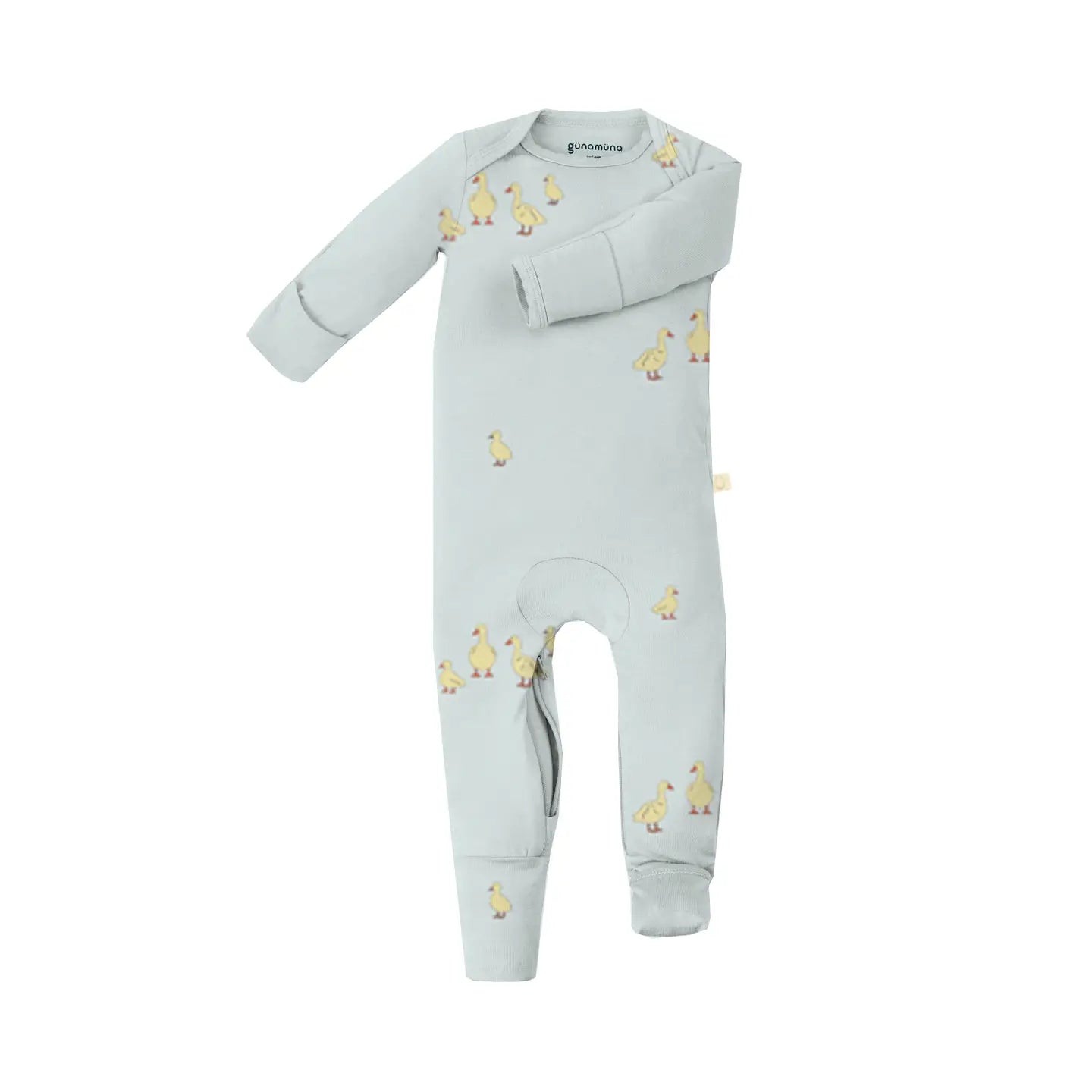 Light blue baby onesie with yellow duck patterns on a white background