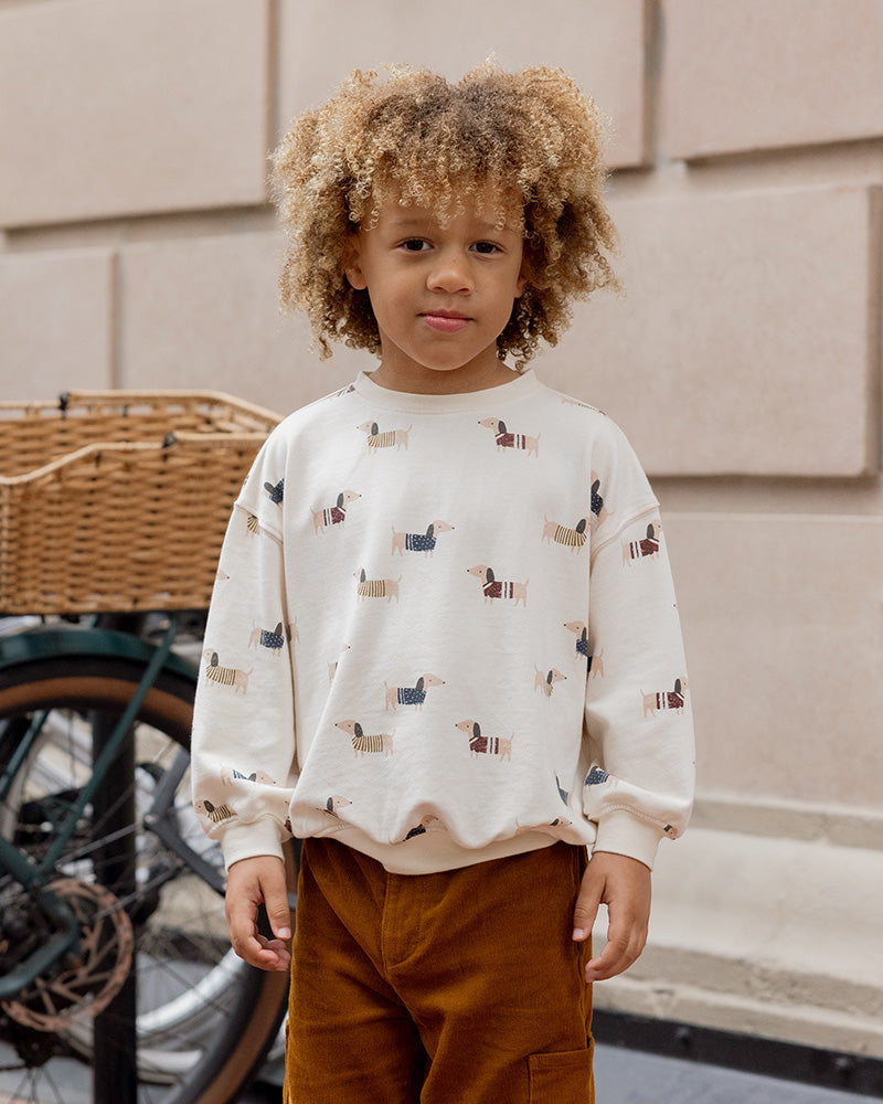 Child wearing a dog patterned crewneck and brown pants standing outdoors with a bicycle in the background.