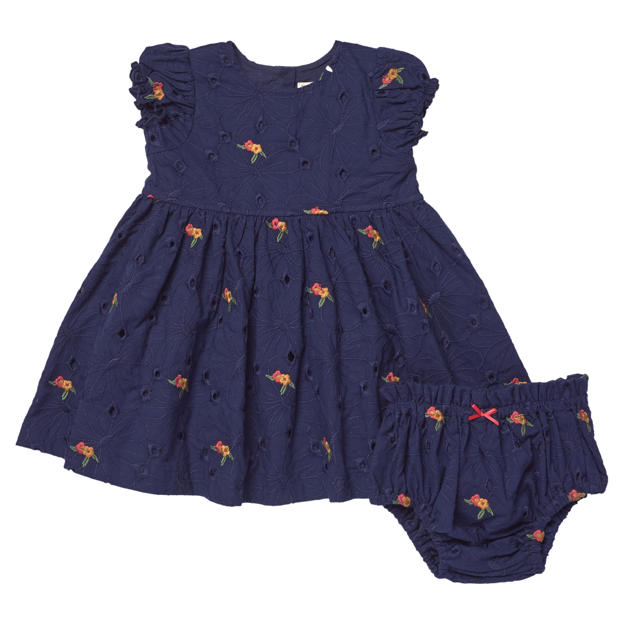 A navy blue baby dress with ruffled cap sleeves and matching bloomers, both featuring a small colorful floral print, shown on a plain white background.