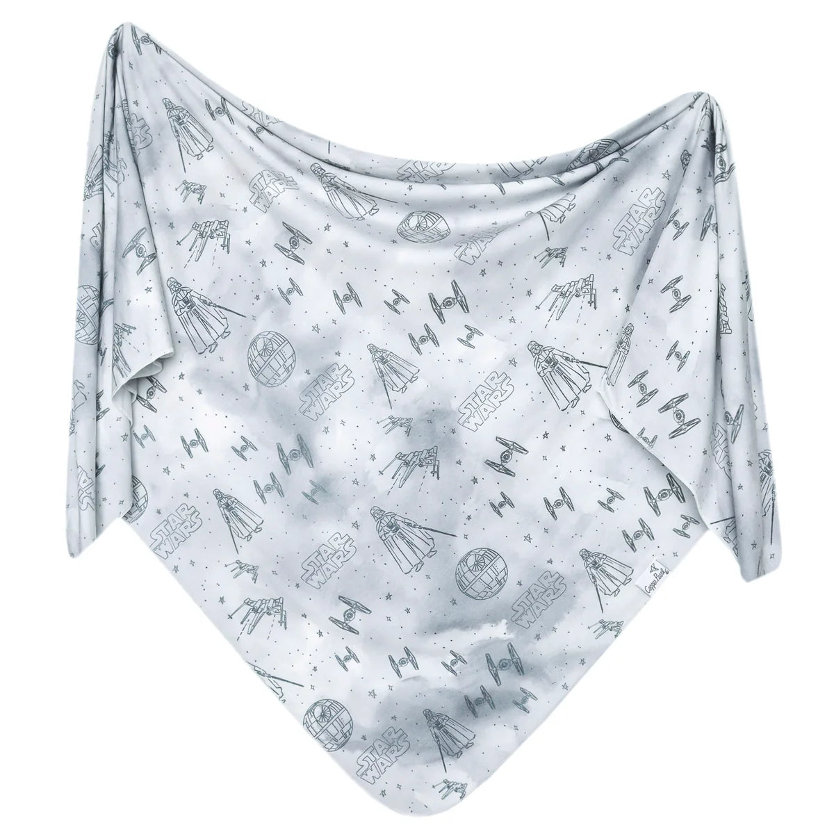 A gray knit swaddle blanket with star wars themed patterns including illustrations of characters and iconic symbols from the series.
