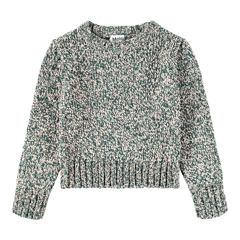 pink and green knit patterned sweater on a white background