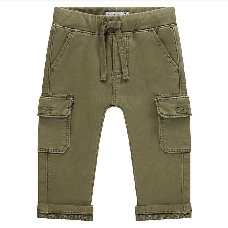Green cargo pants with a drawstring on a white background