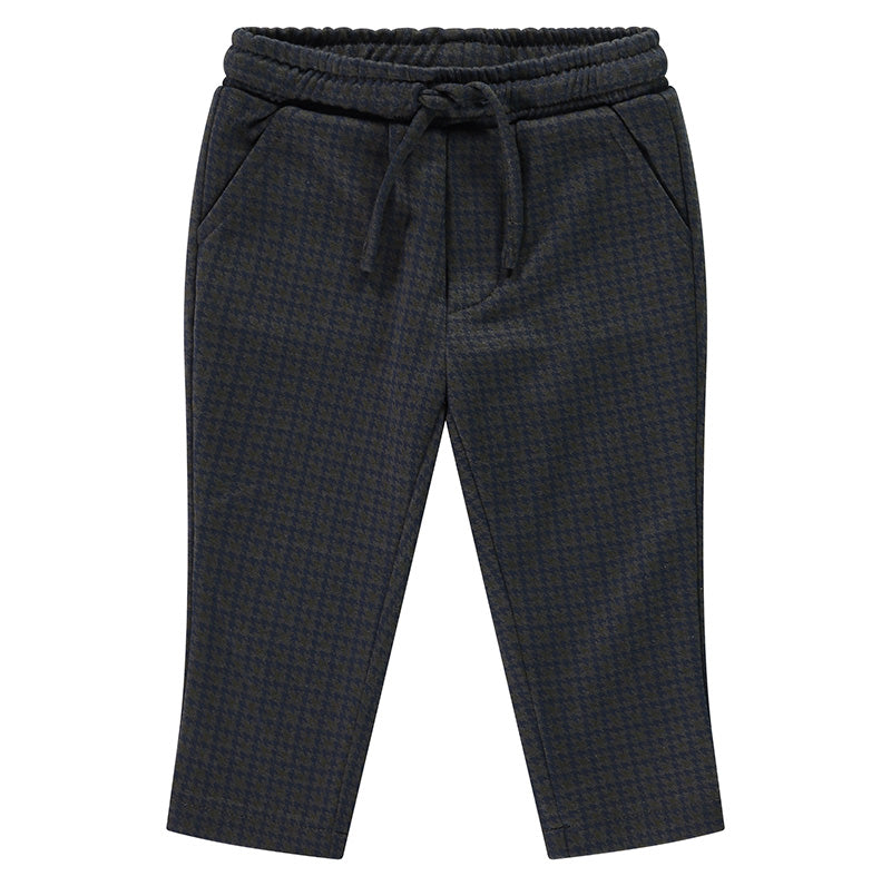 Baby boys' indigo checkered sweatpants with a drawstring waistband.