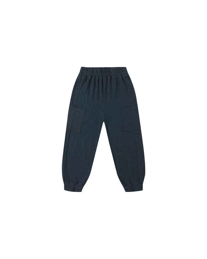 Navy blue cargo jogger pants on a white background