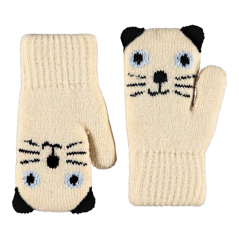 Pair of cream-colored mittens with cat face design on a white background