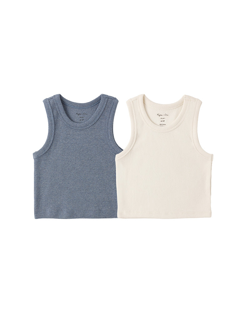 Two sleeveless shirts, one blue and one beige, on a white background.
