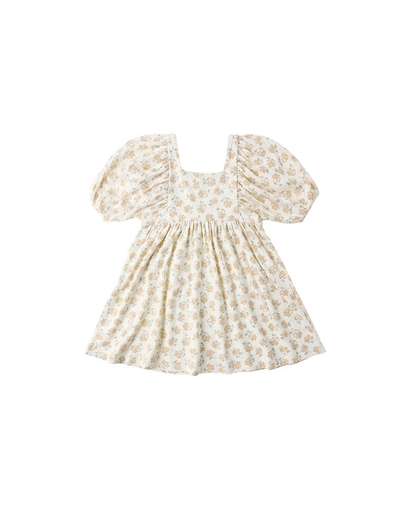 Floral dress with puff sleeves on a white background