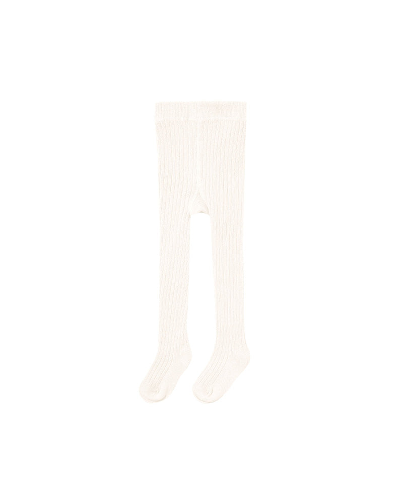 A pair of off-white ribbed tights laid flat on a solid white background.