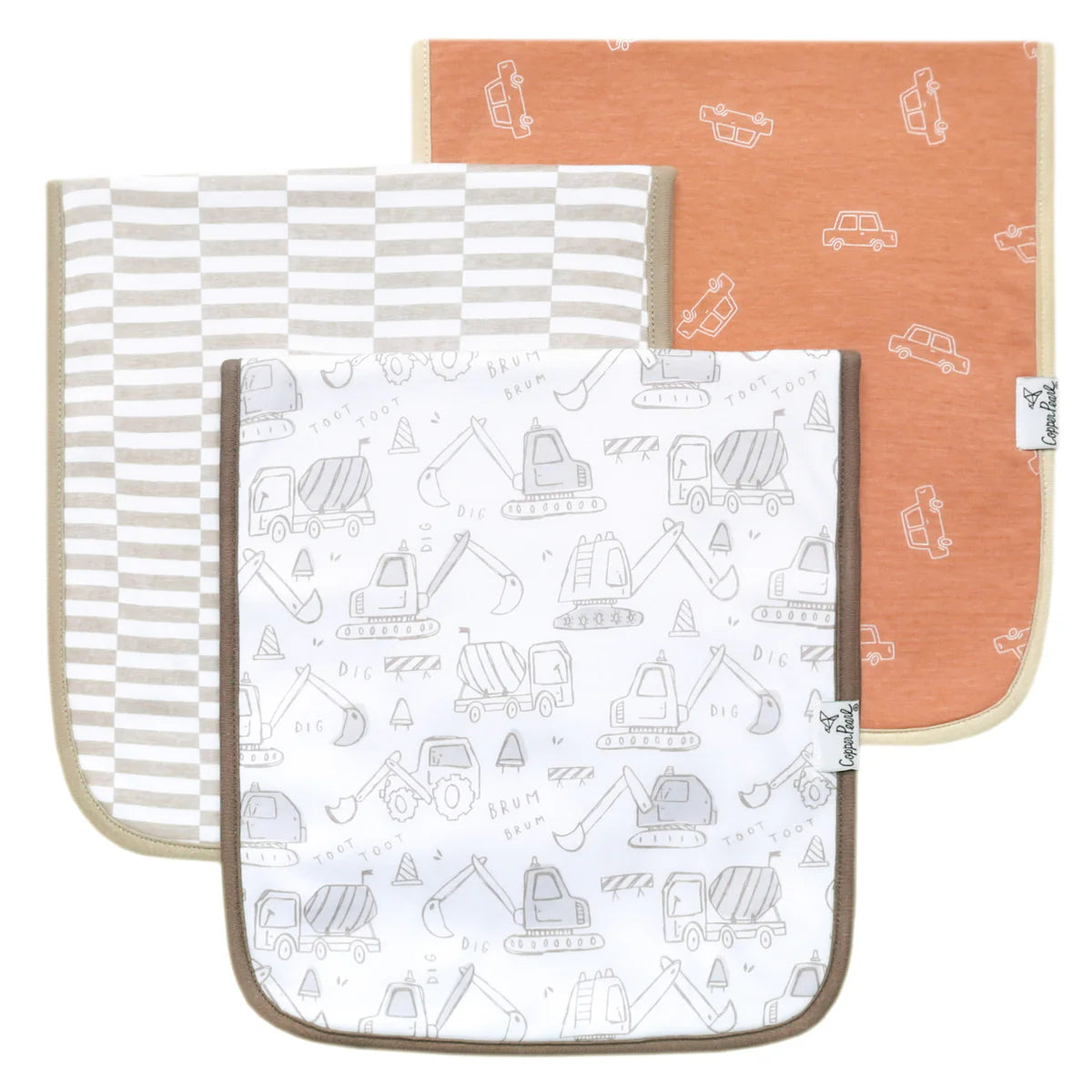 A set of three square burp cloths with a patterned design, including a white with gray stripes, an orange with white vehicle patterns, and a gray with a mix of vehicle and geometric patterns.