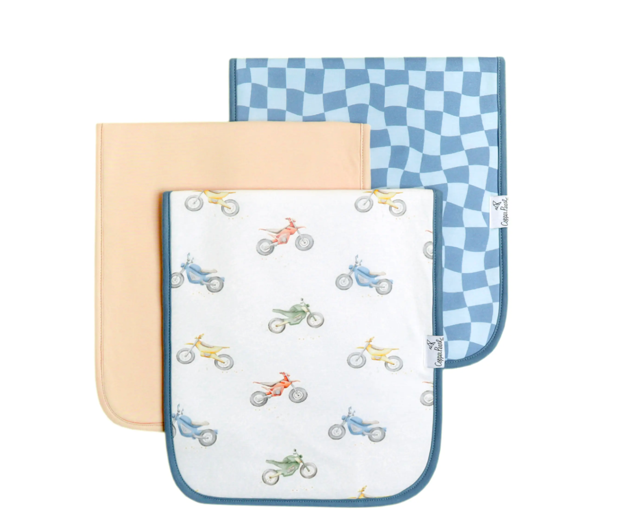 A set of three burp cloths with a baby-themed pattern, including colors and designs suitable for a baby's outfit.