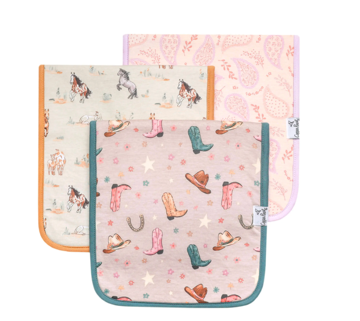 set of three girl western printed burp cloths