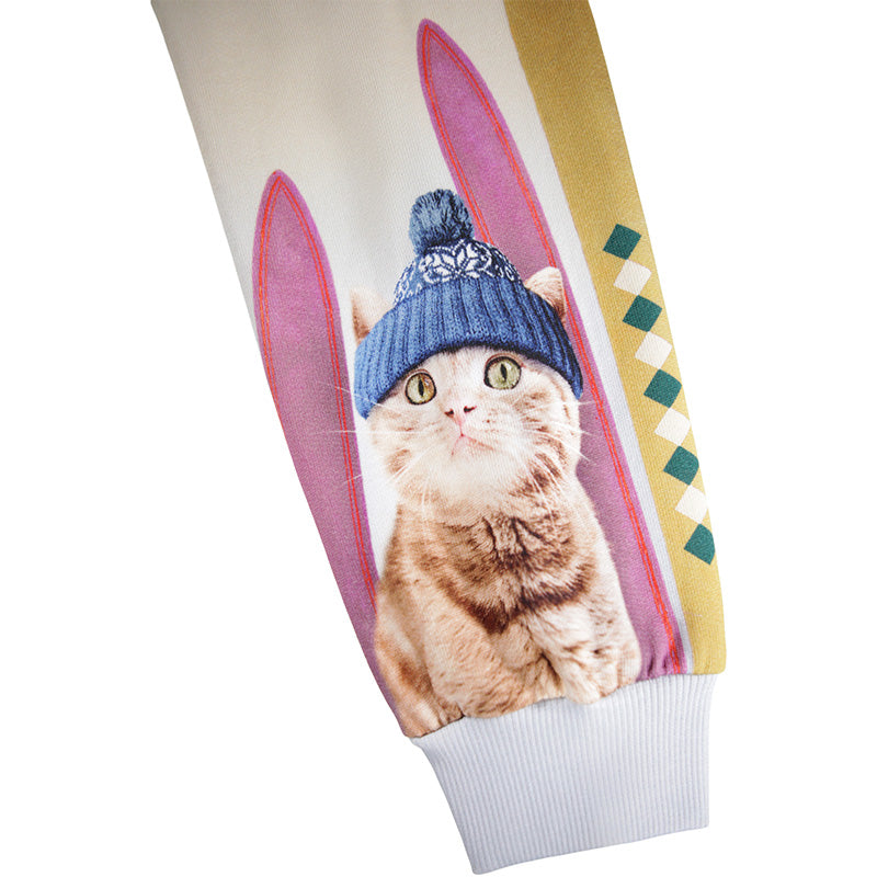 sleeve design with a cat wearing a knit hat