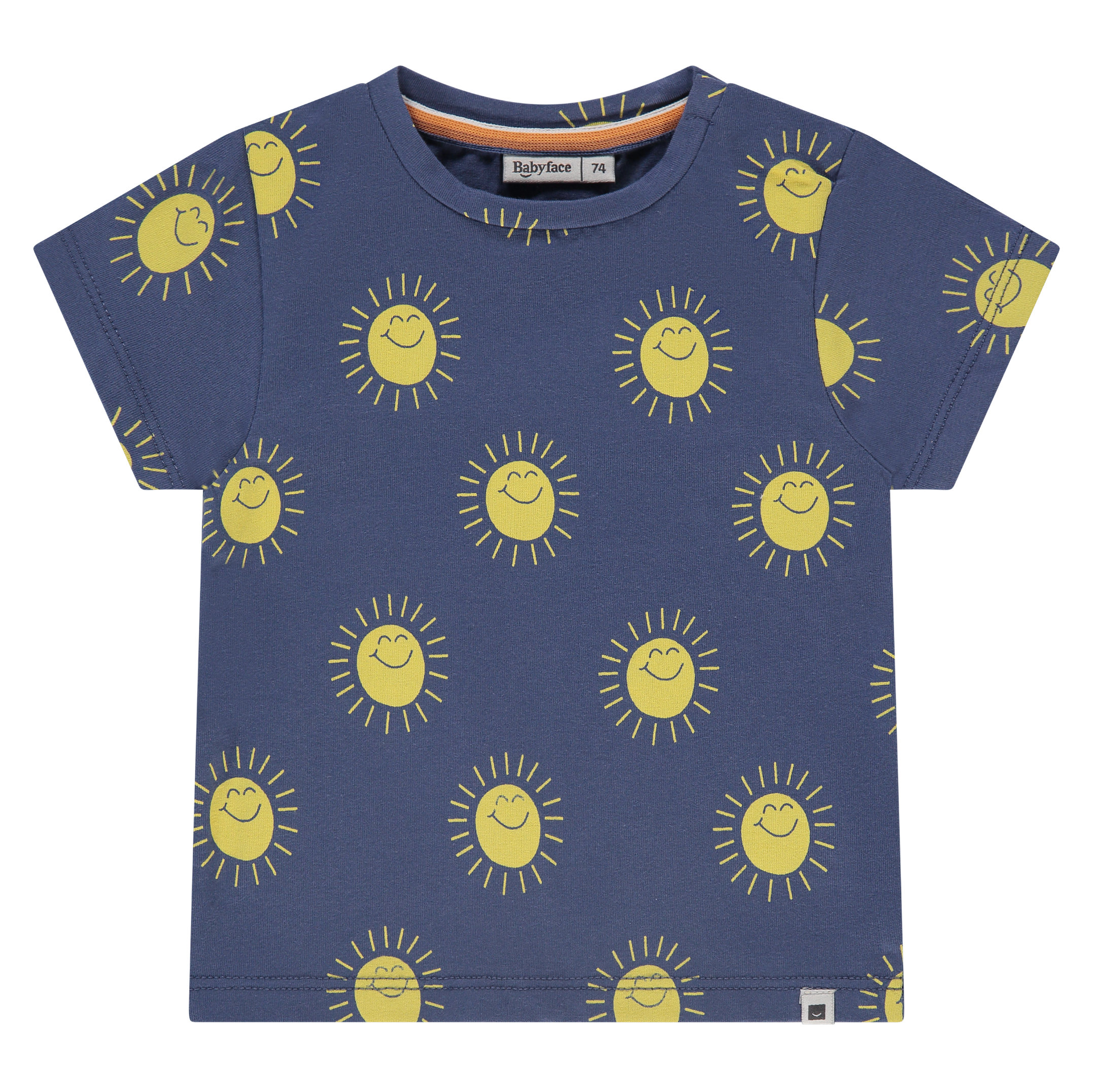 A short-sleeved blue t-shirt with a pattern of sun and smiley faces.