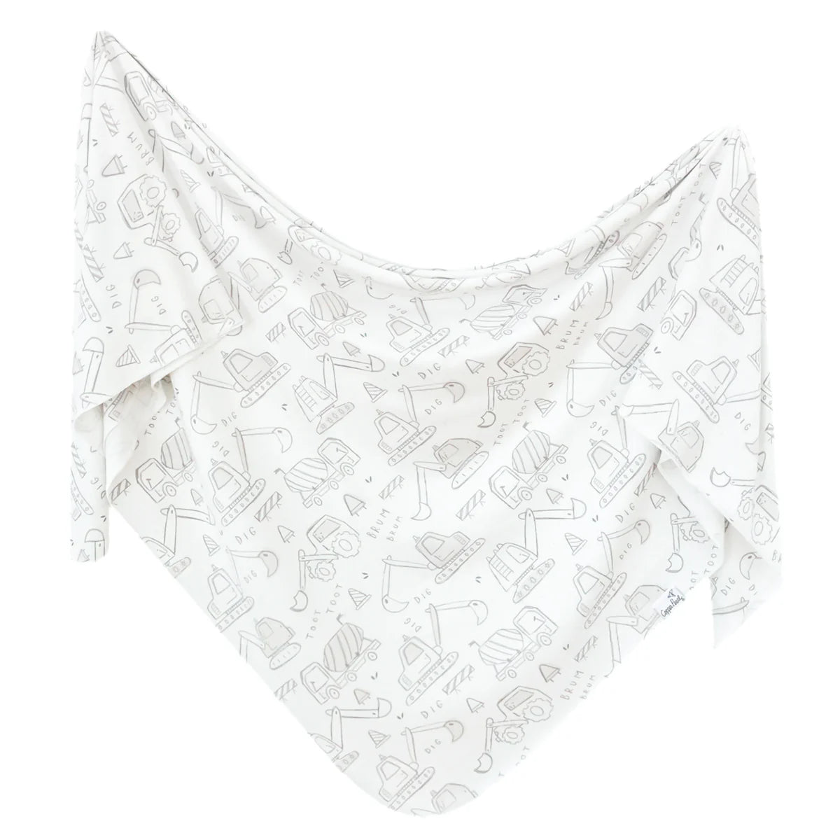 swaddle blanket with grey construction trucks