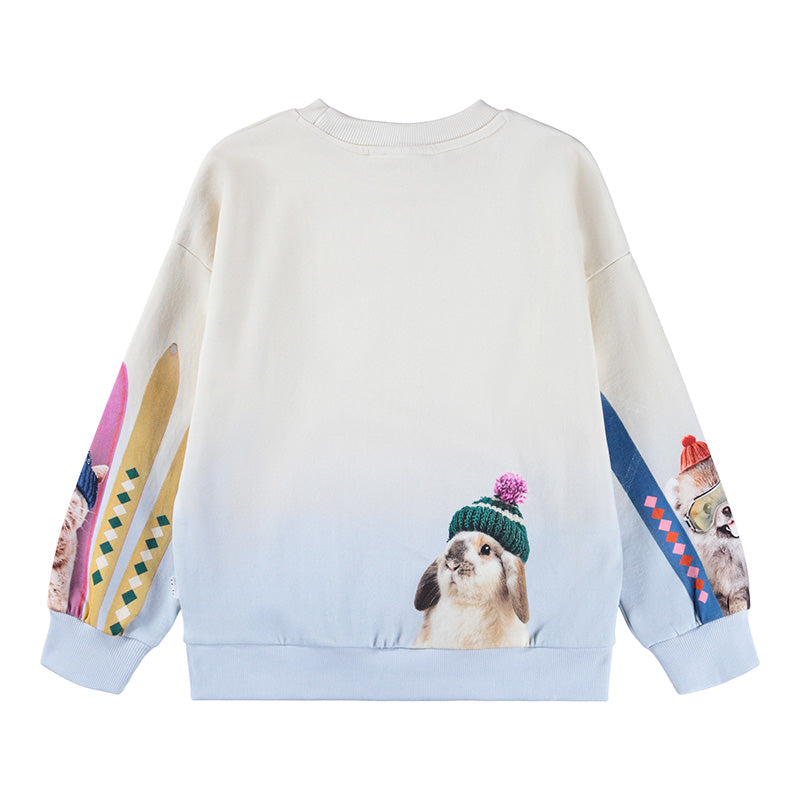 Sweatshirt with a rabbit wearing a hat design on a white background