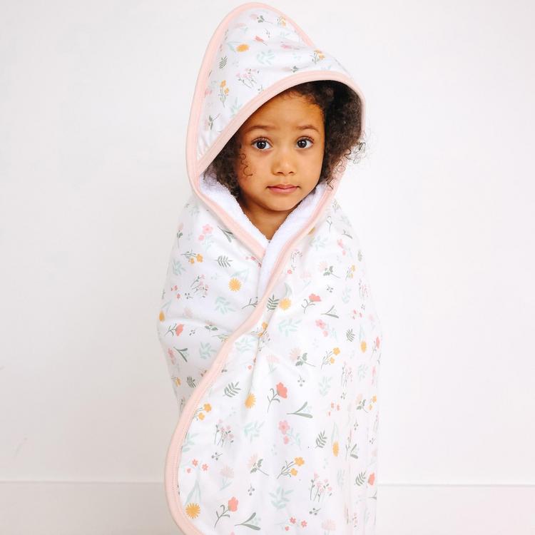 toddler hooded towel with floral print and pink border