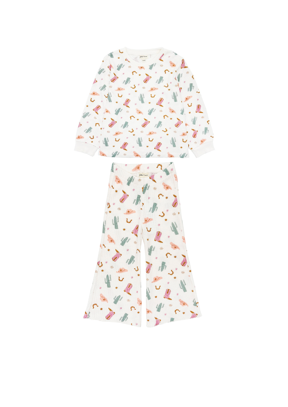 Two-piece outfit with a pattern of boots and cacti on a white background