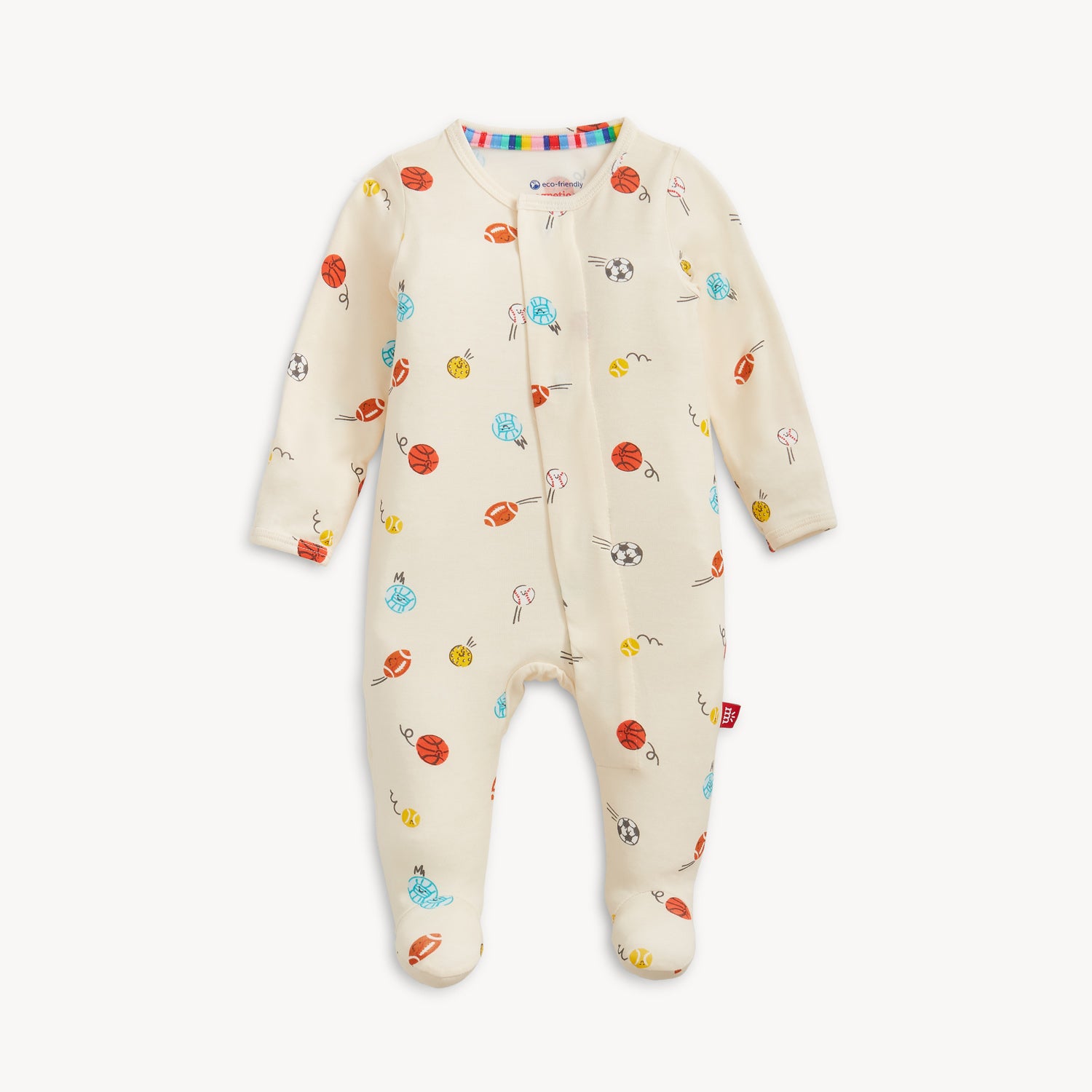 Baby onesie with colorful sport patterns on a white background