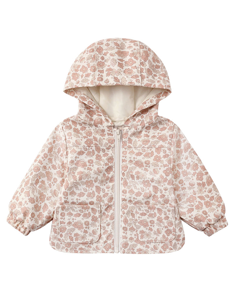 A hooded zip-up jacket with a pink and beige leopard print pattern, featuring a cream-colored lining inside the hood and front pockets, shown on a plain white background.
