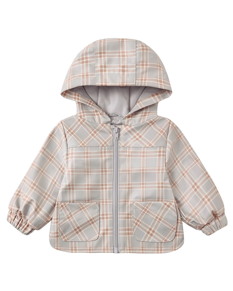 A hooded zip-up jacket for toddlers, featuring a light gray and beige plaid pattern with a light gray zipper and elasticized cuffs, shown against a plain white background.