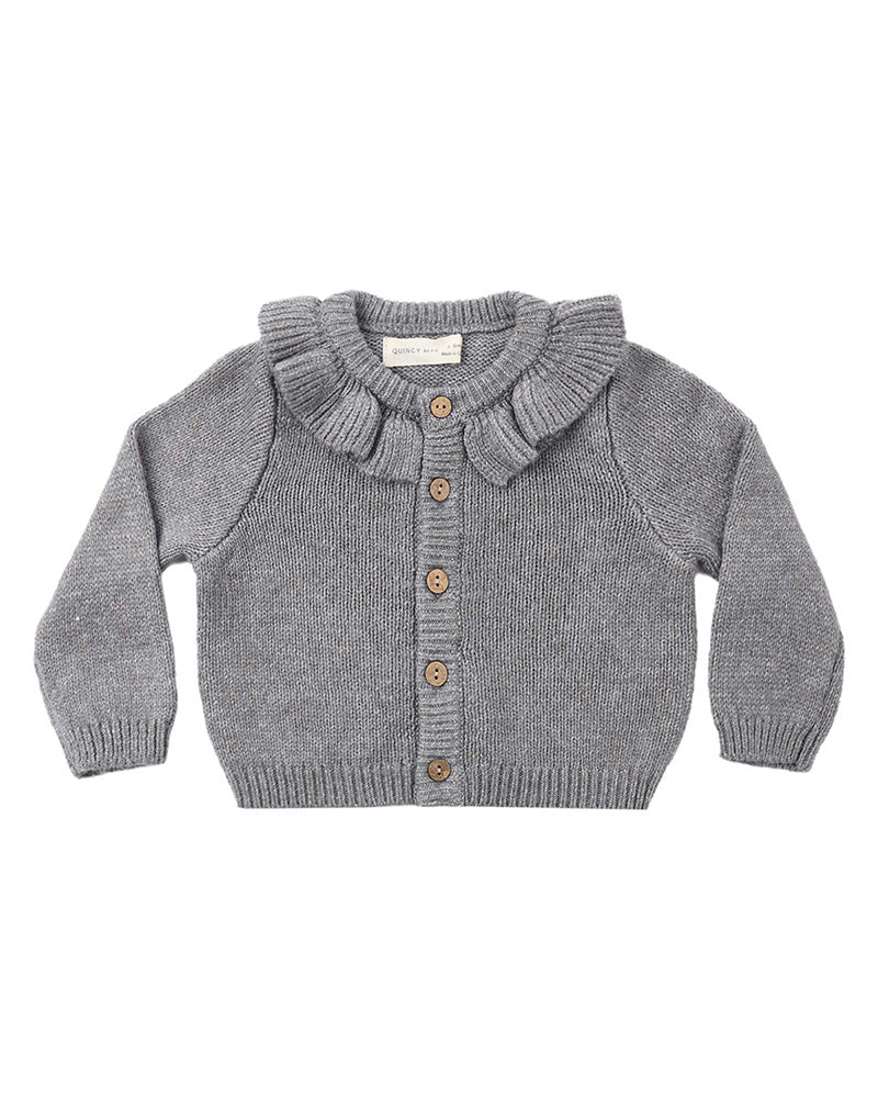 A gray knit cardigan sweater for toddlers, featuring a ruffled Peter Pan collar, long sleeves, and brown wooden buttons down the front, displayed on a clean white background.