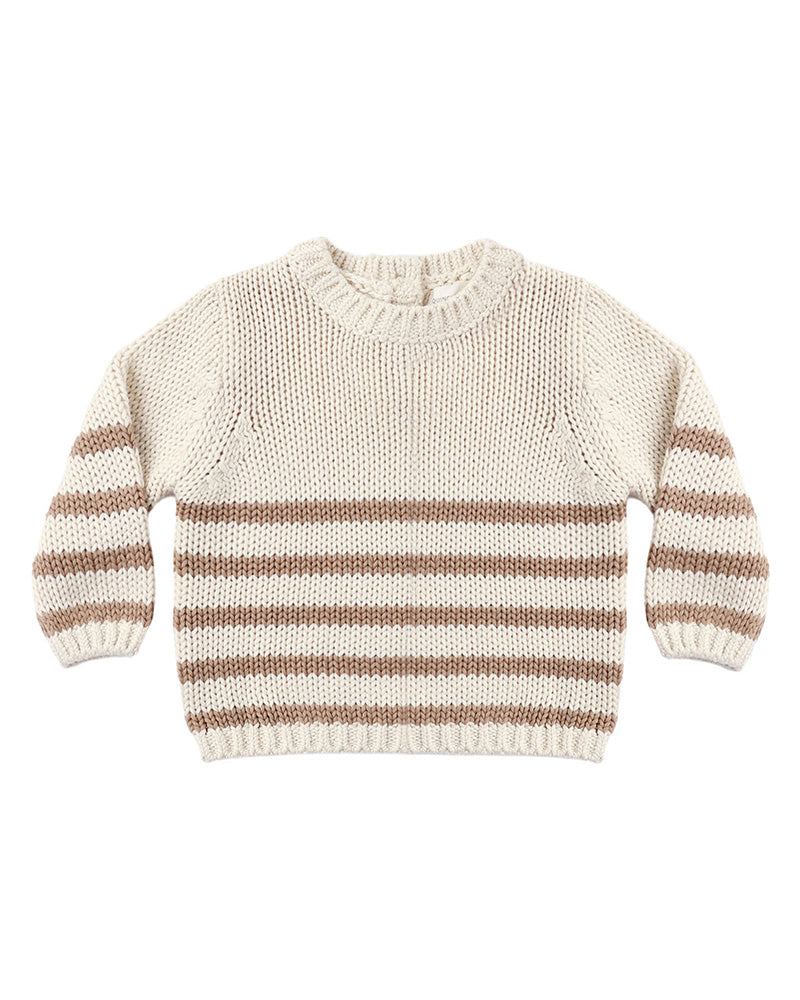 A cream-colored knit sweater with horizontal brown stripes across the chest and sleeves, displayed flat against a solid white background.