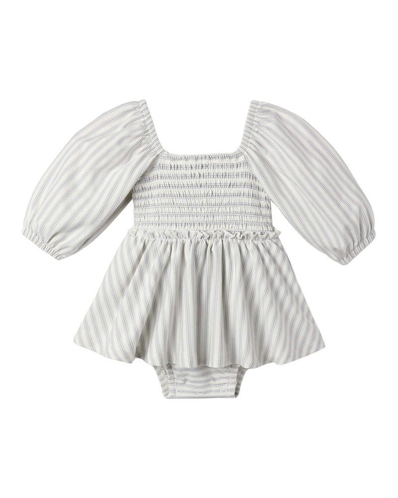 A baby romper with a smocked bodice, square neckline, and puffed sleeves, featuring a white and gray striped pattern, shown on a plain white background.