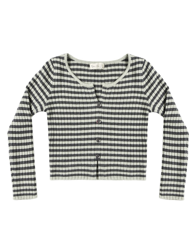Black and white striped cardigan with a split top and bottom, and buttons on a white background
