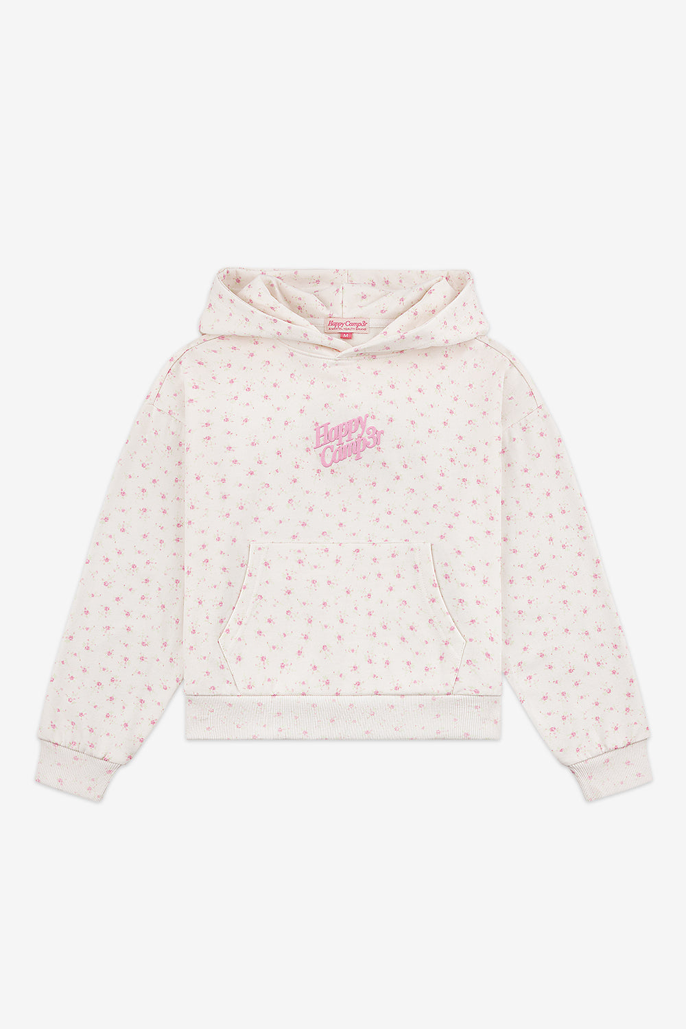 White hoodie with pink floral pattern on a white background