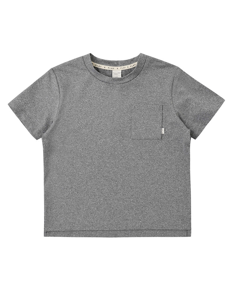 Gray athletic style t-shirt with a pocket on a white background