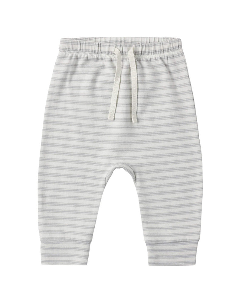 Baby jogger pants in a light gray and white stripe pattern, featuring an elastic waistband with a white drawstring and ribbed ankle cuffs.