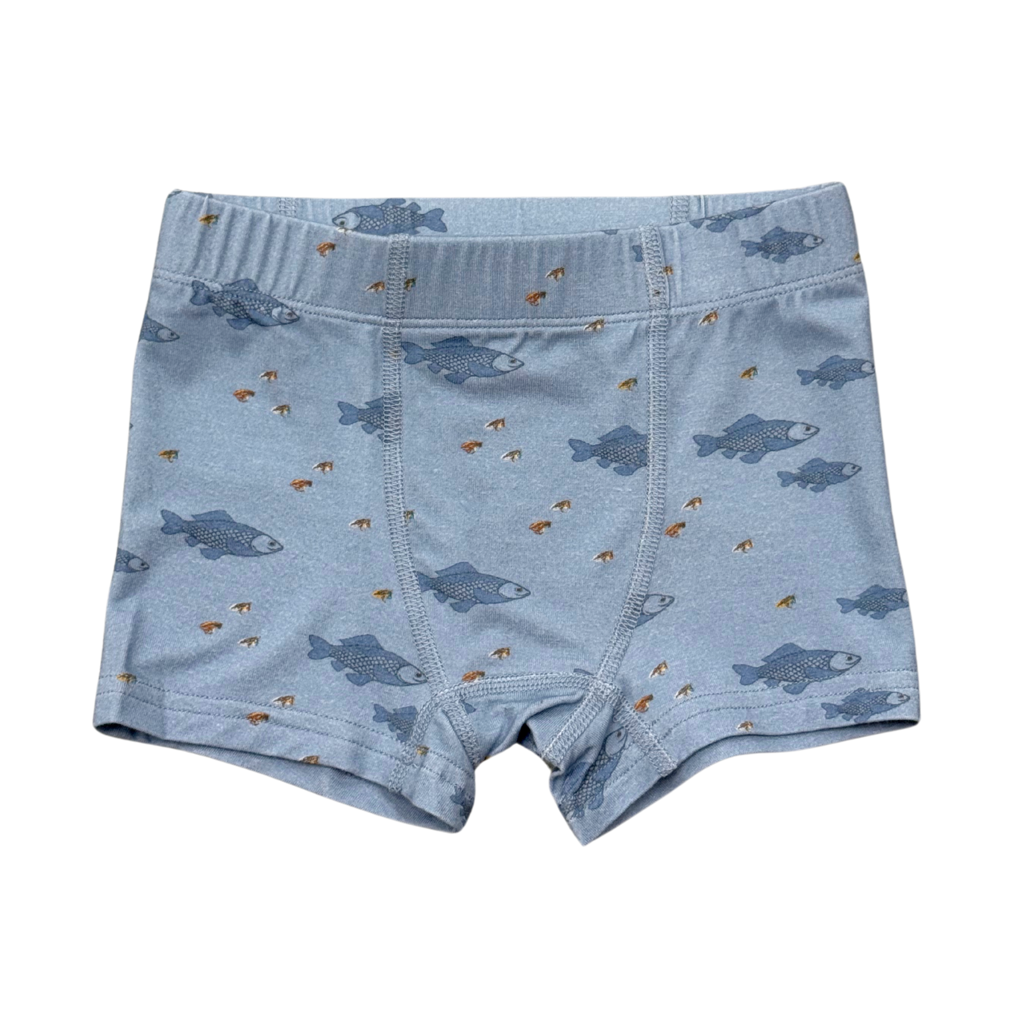 Blue boxer briefs with fish pattern on a white background